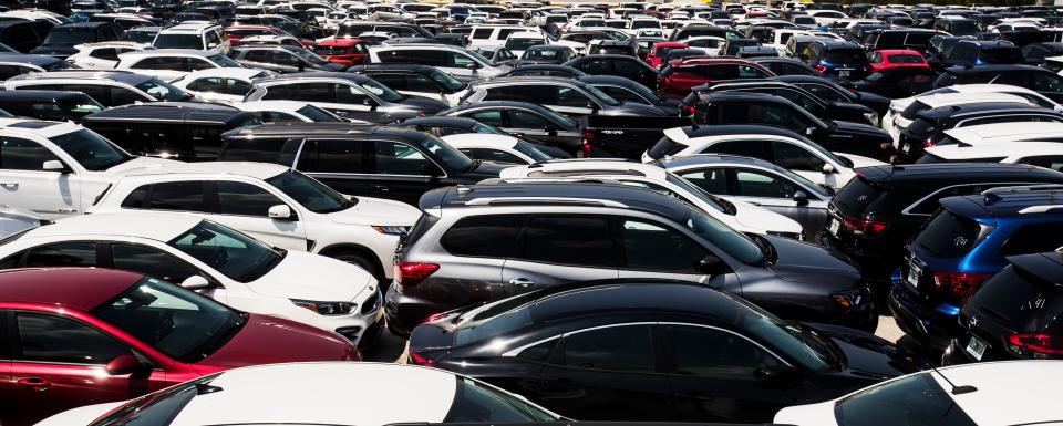 Hertz rental cars pack Hertz Arena on Wednesday, April 16, 2020. With so many cars not being rented because of the COVID-19 pandemic and Hertz arena not being used, the space became a perfect spot to store vehicles. 