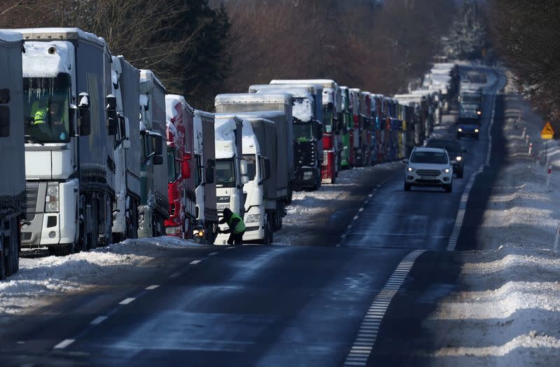 FILE PHOTO: Trucks line up in a long queue to cross the Polish-Ukrainian border at the Hrebenne-Rawa Ruska crossing in Potoki