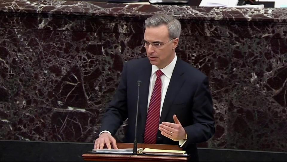 White House counsel Pat Cipollone speaks during impeachment proceedings in the Senate. (Screengrab: Senate TV handout via Yahoo News)