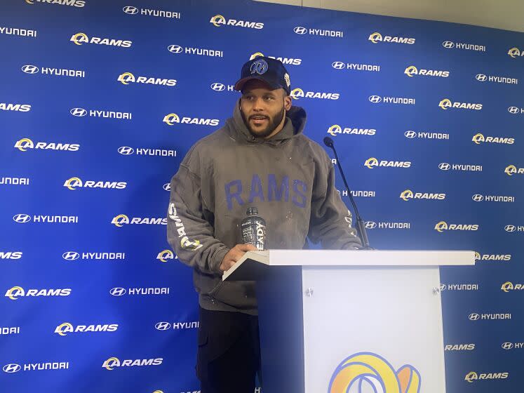 Aaron Donald speaks at a Rams media conference on May 10, 2023.