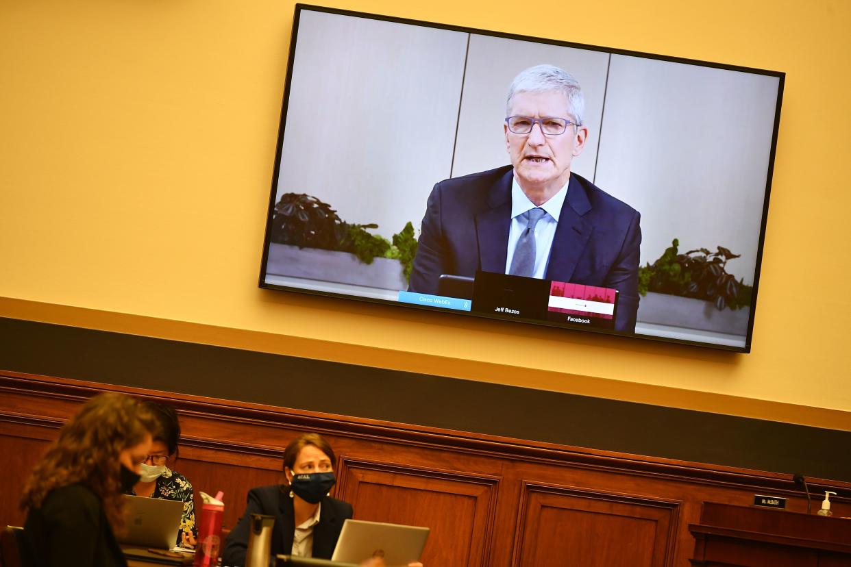 Apple CEO Tim Cook testifies before the House Judiciary Subcommittee on Antitrust, Commercial and Administrative Law on "Online Platforms and Market Power" in the Rayburn House office Building on Capitol Hill in Washington, DC on July 29, 2020. (Photo by MANDEL NGAN / POOL / AFP) (Photo by MANDEL NGAN/POOL/AFP via Getty Images)