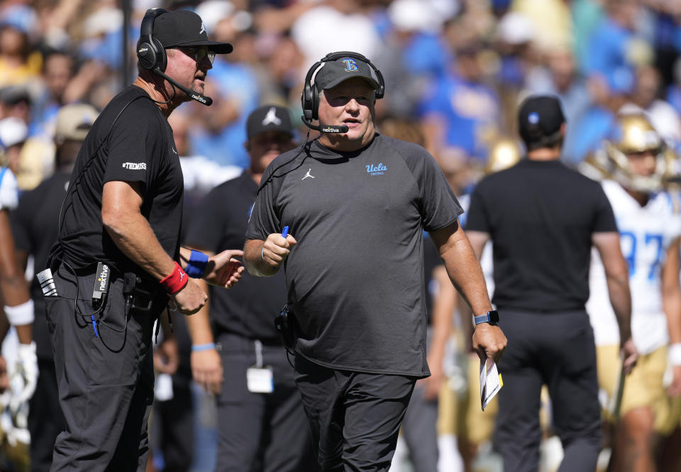 UCLA head coach Chip Kelly directs his team against Colorado in the first half of an NCAA college football game Saturday, Sept. 24, 2022, in Boulder, Colo. (AP Photo/David Zalubowski)