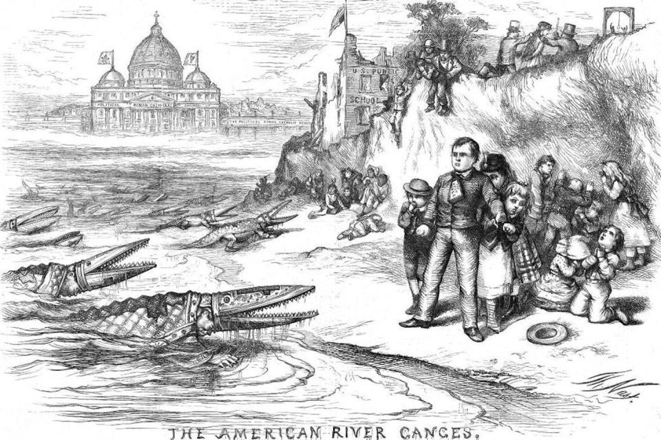 An 1870 political cartoon by Thomas Nast depicts Catholic bishops as crocodiles threatening America’s public school system. <a href="https://commons.wikimedia.org/wiki/File:American_river_Ganges_crop.jpg" rel="nofollow noopener" target="_blank" data-ylk="slk:Wikimedia Commons;elm:context_link;itc:0;sec:content-canvas" class="link ">Wikimedia Commons</a>