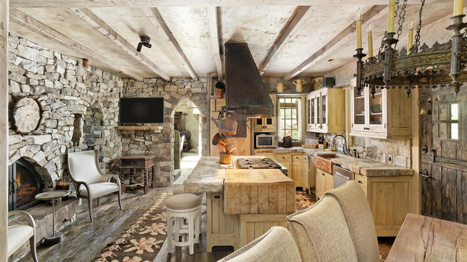 Inside the cottage house’s stony kitchen at 2 mile ranch in Woody Creek, CO