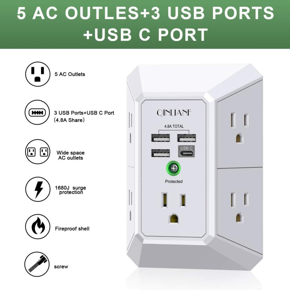 photo of USB Wall Charger, Surge Protector, QINLIANF 5 Outlet Extender with 4 USB Charging Ports (4.8A Total) 3-Sided 1680J Power Strip Multi Plug Outlets Wall Adapter Spaced for Home Travel Office (3U1C)