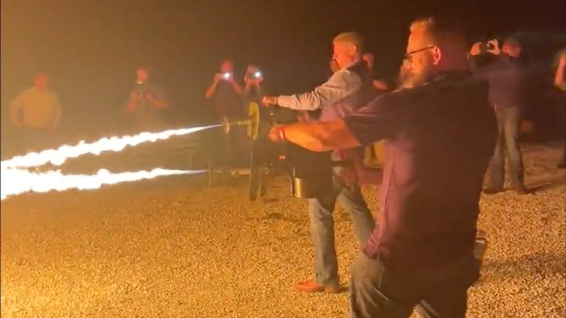 Missouri state Sen. Bill Eigel, at center, currently running for governor, supports vetting of Republican candidates. He made national news last year saying he would use a flamethrower to burn what he deemed to be inappropriate books. Screenshot from X/realjakejacks