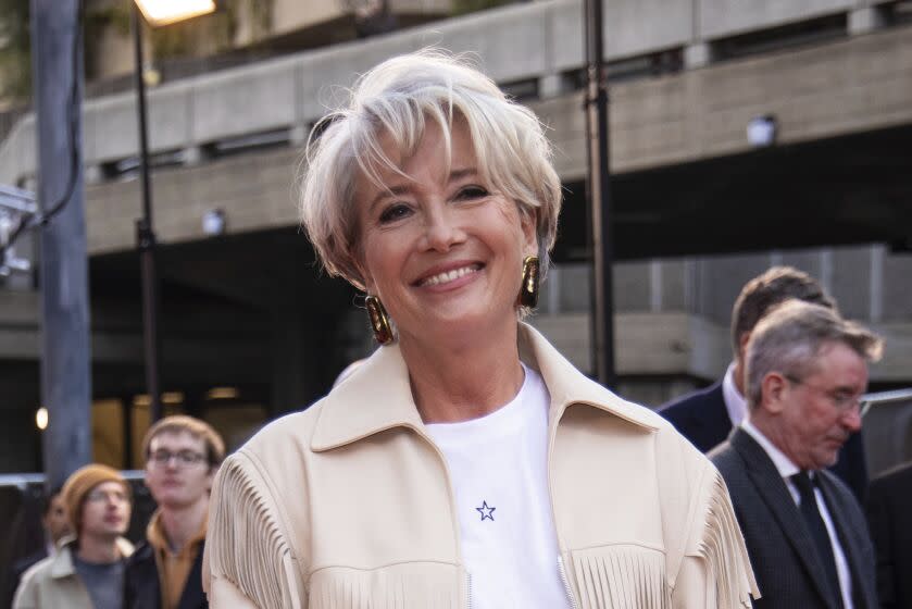 Emma Thompson poses for photographers upon arrival for the premiere of the film 'Roald Dahl's, Matilda The Musical' on the opening evening of the 2022 London Film Festival in London, Wednesday, Oct. 5, 2022. (Photo by Vianney Le Caer/Invision/AP)