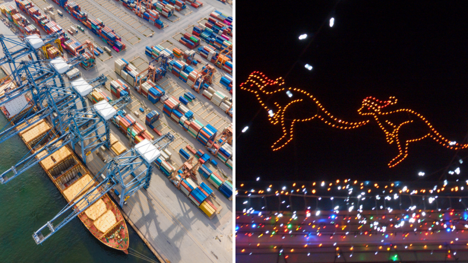 aerial view of shipping port with containers, kangaroos made out of Christmas lights wearing Santa hats 