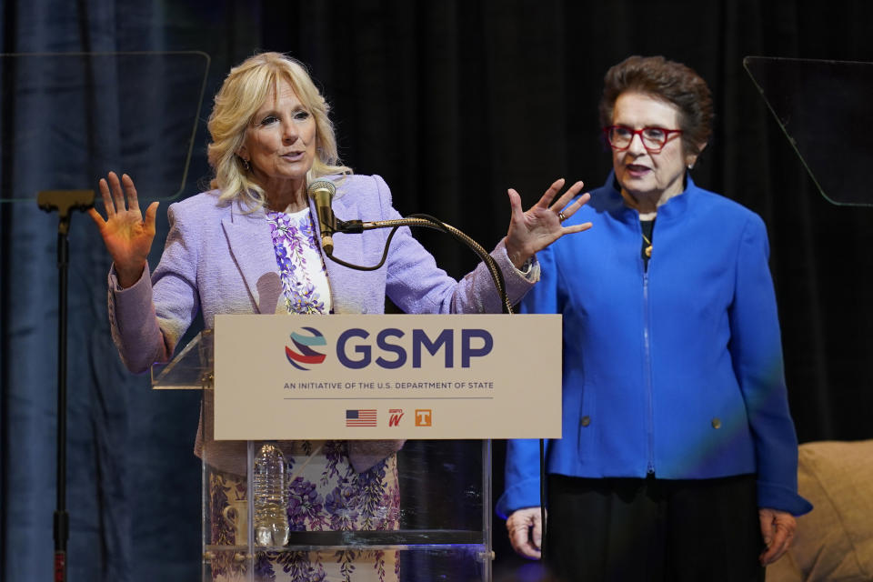 First lady Jill Biden speaks alongside tennis great Billie Jean King at an event to celebrate the 10th anniversary of the State Department-espnW Global Sports Mentoring Program and the 50th anniversary of Title IX, Wednesday, June 22, 2022, in Washington. (AP Photo/Patrick Semansky)