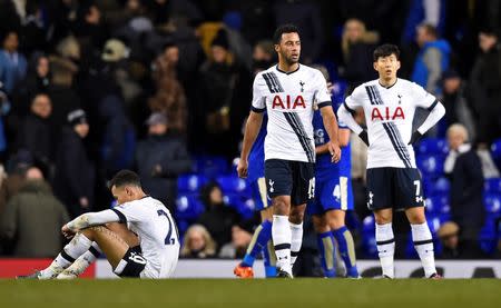 Football Soccer - Tottenham Hotspur v Leicester City - Barclays Premier League - White Hart Lane - 13/1/16 Tottenham's Dele Alli, Mousa Dembele and Son Heung-Min look dejected at the end of the game Reuters / Dylan Martinez Livepic