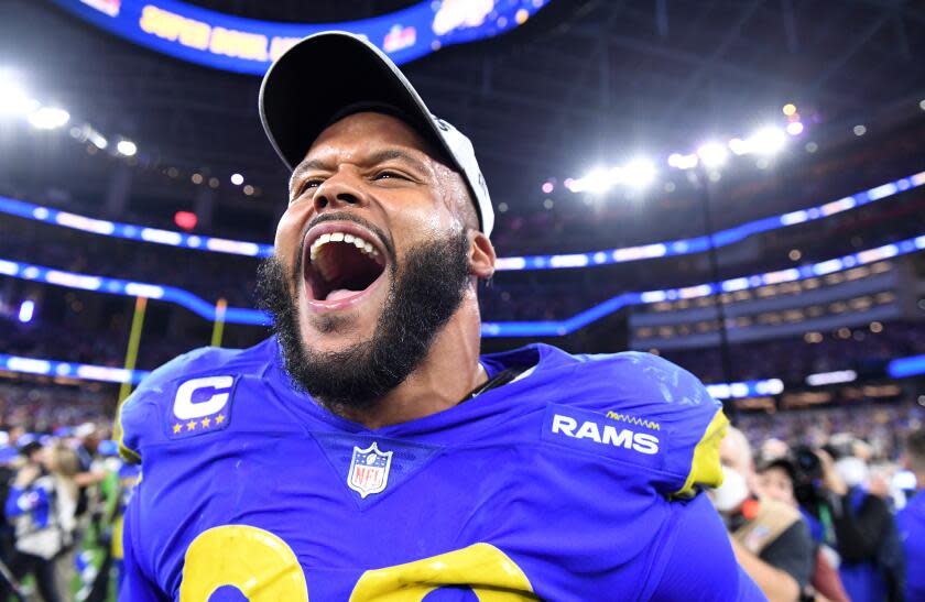 Inglewood, California January 30, 2022: Rams defensive lineman Aaron Donald celebrates.