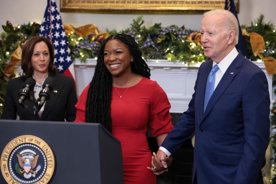 Cherelle Griner, Brittney Griney’s wife, meets with Joe Biden and Kamala Harris in 2022 just after Brittney’s release. The Washington Post via Getty Images