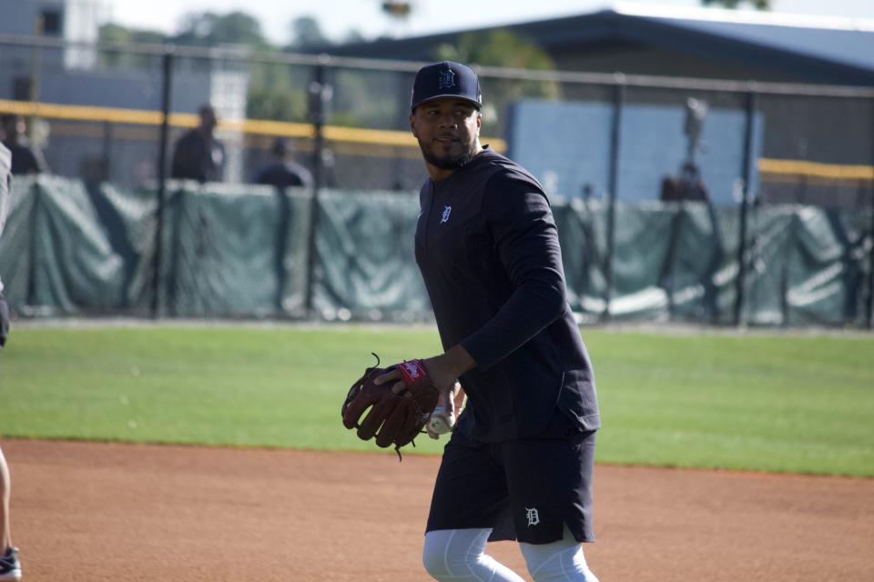 Detroit Tigers third baseman Jeimer Candelario goes through infield drills on spring training report date Sunday, March 13, 2022, in Lakeland, Florida.