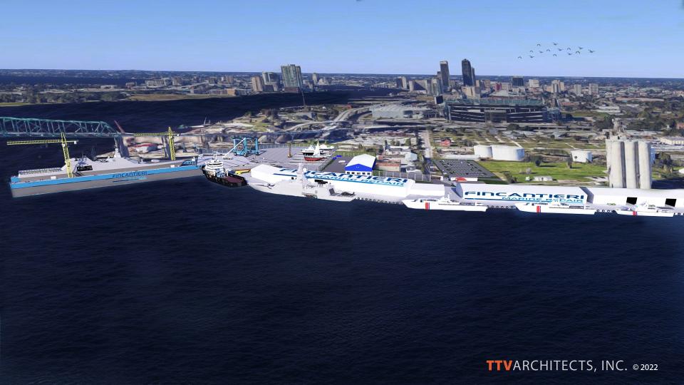 An aerial illustration shows how a 500-foot drydock at Fincantieri Marine Repair will extend into the St. Johns River near the Hart Bridge with downtown Jacksonville in the background. Fincantieri officials said at a Friday groundbreaking event the drydock will be part of $30 million in investments in the site.