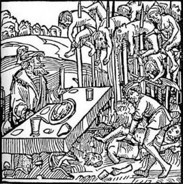 Un grabado en madera de la portada de un panfleto de 1499 publicado en Núremberg representa la crueldad de Vlad III y su método de ejecución, el empalamiento. De ahí que al gobernante se le conozca como Vlad Tepes o Vlad El Empalador (Imagen: Wikimedia Commons)