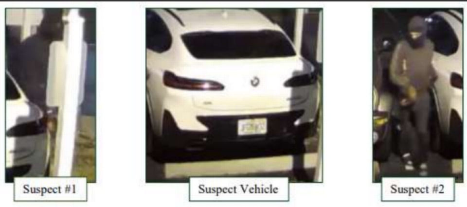 A potentially driven by those wanted in the catalytic converter thefts is a white BMW X4 crossover SUV with a stolen Florida license plate, JFGN32.