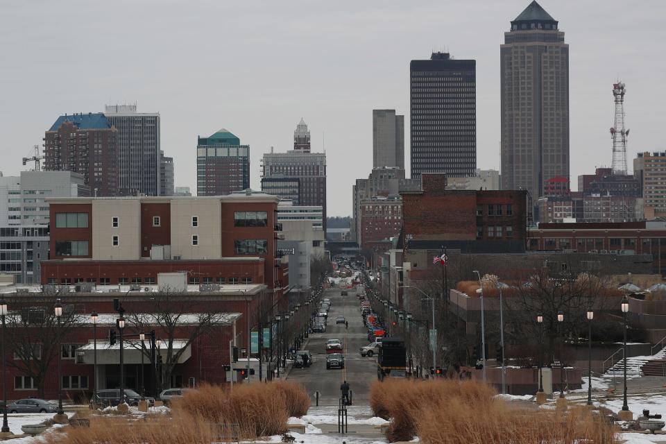 The skyline of the Capitol city is seen as people prepare to head to their caucuses on February 03, 2020 in Des Moines, Iowa. Iowa holds its first in the nation caucuses this evening.