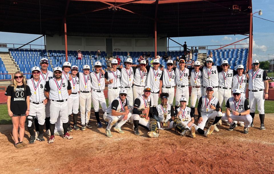 Faith Christian celebrates winning the District One Class A baseball championship.