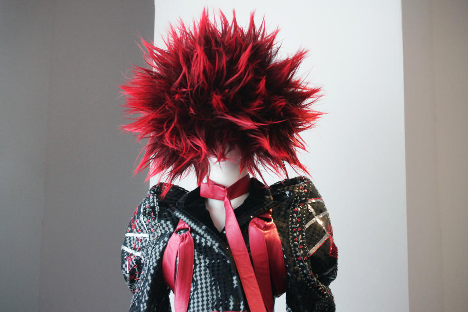 A late 1970's ensemble of fashion by Vivienne Westwood and Malcolm McLaren is shown at the Metropolitan Museum of Art's exhibit, "Punk: Chaos to Couture," Monday, May 6, 2013 in New York. The show, which examines punk’s impact on high fashion from the movement’s birth in the 1970s through its continuing influence today, is open May 9 through August 14. (AP Photo/Mark Lennihan)