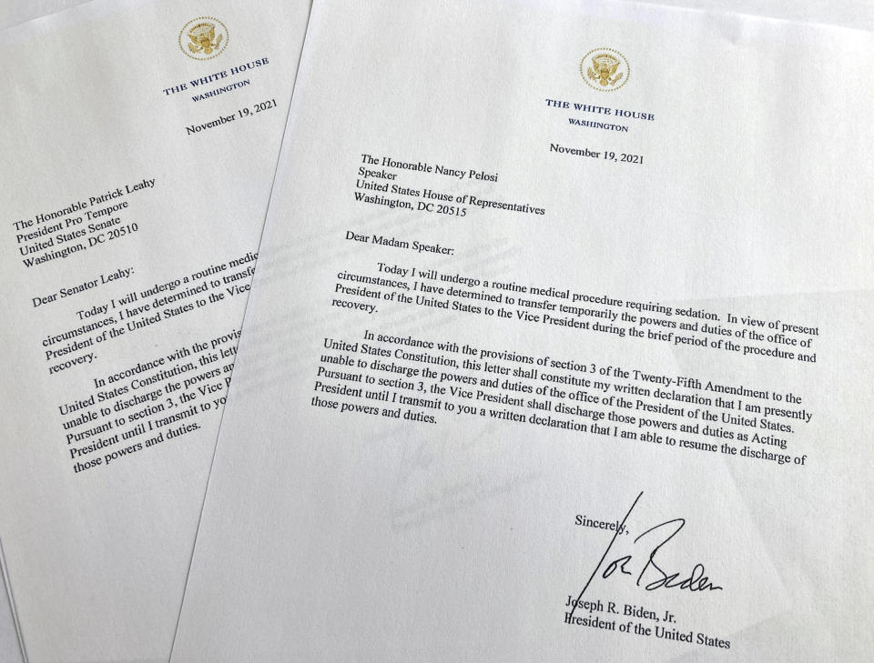 A portion of letters sent to House Speaker Nancy Pelosi and President Pro Tempore of the Senate Patrick Leahy from President Joe Biden are seen Friday, Nov. 19, 2021 in Washington. Biden briefly transferred power to Vice President Kamala Harris on Friday when he underwent a “routine colonoscopy" at Walter Reed National Military Medical Center, the White House said. (AP Photo/Wayne Partlow)
