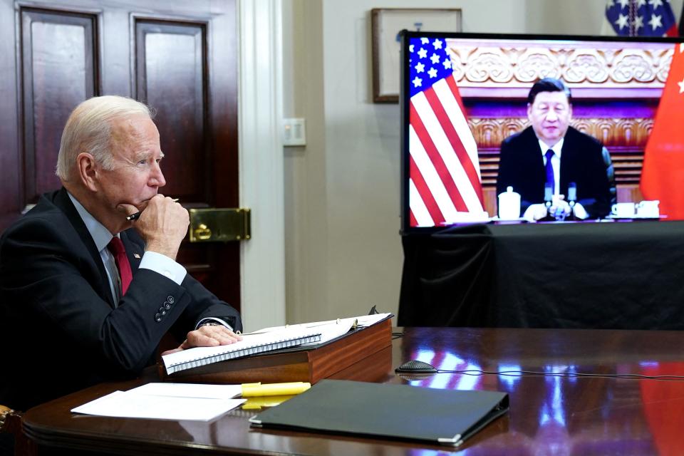 US President Joe Biden meets with China's President Xi Jinping during a virtual summit from the Roosevelt Room of the White House in Washington, DC, November 15, 2021. (Photo by MANDEL NGAN / AFP) (Photo by MANDEL NGAN/AFP via Getty Images)