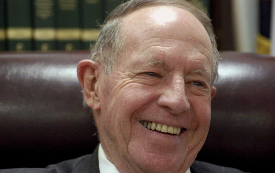 FILE - In this Jan. 10, 2006, file photo, North Carolina Supreme Court Chief Justice I. Beverly Lake sits at this desk in Raleigh, N.C., as he talks about his years as Chief Justice. Lake, a conservative North Carolina chief justice who led the way for the state's unique innocence process, died Thursday, Sept. 12, 20109, at the retirement center where he lived, his son-in-law, Tom Neal said. He was 85. (AP Photo/Karen Tam, File)