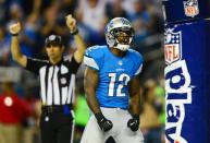 Detroit Lions wide receiver Jeremy Ross (12) reacts after scoring a touchdown during the second quarter of a NFL football game against the Green Bay Packers on Thanksgiving at Ford Field. Mandatory Credit: Andrew Weber-USA TODAY Sports