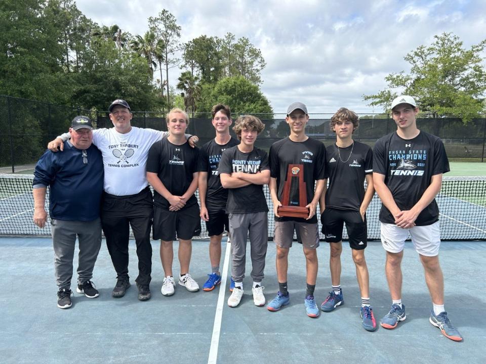 The Ponte Vedra Sharks claimed the District 3-3A title Wednesday, winning all five singles finals and one of the doubles.