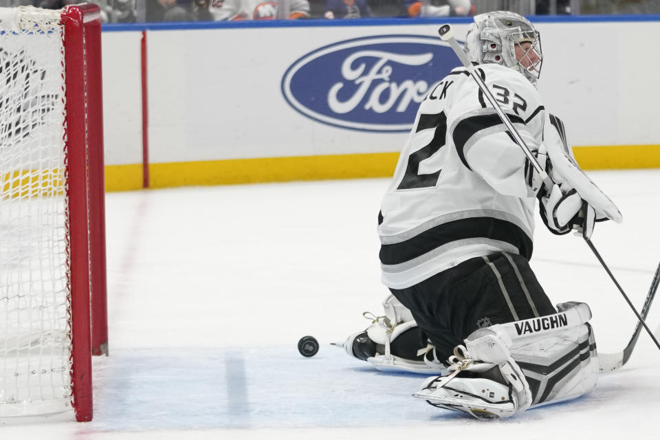 Los Angeles Kings goaltender Jonathan Quick gives up a goal to New York Islanders defenseman Noah Dobson during the second period of an NHL hockey game Friday, Feb. 24, 2023, in Elmont, N.Y. (AP Photo/Mary Altaffer)