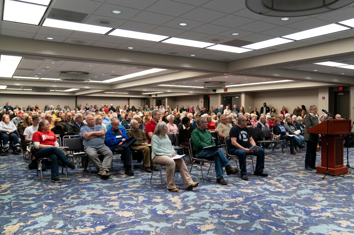 People fill the afternoon session of the Indiana Utility Regulatory Commission’s public hearing on CenterPoint’s electric rate increase request at the The Old National Events Plaza in Evansville, Ind., Feb. 29, 2024.