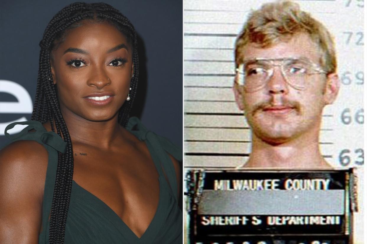 Simone Biles arrives at the 6th Annual InStyle Awards on November 15, 2021 in Los Angeles, California. (Photo by Steve Granitz/FilmMagic,); Jeffrey Dahmer mughsot in August 1982 . (Photo by Bureau of Prisons/Getty Images)