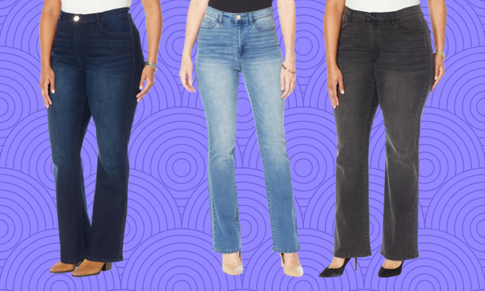 Three different sized models wearing different washes of these jeans