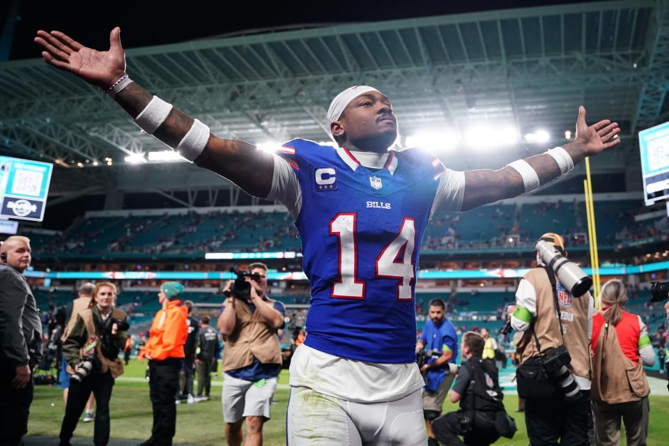 Stefon Diggs of the Buffalo Bills reacts after a 21-14 victory against the Miami Dolphins at Hard Rock Stadium on January 07, 2024 in Miami Gardens, Florida.