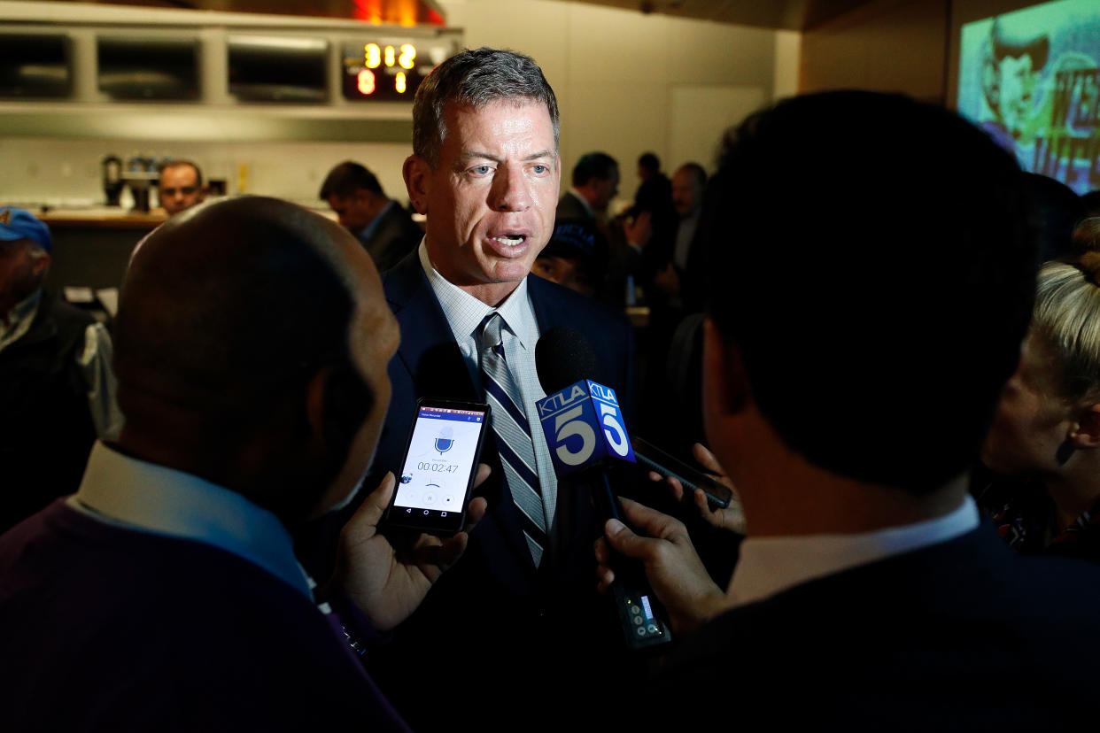 Troy Aikman wants a raise if he’s going to add “Thursday Night Football” to his workload this fall. (Getty Images)