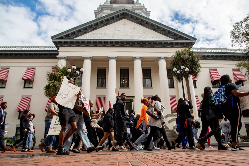 Hundreds participated in the National Action Network demonstration in response to Gov. Ron DeSantisÕs efforts to minimize diverse education. The activists chanted and carried signs while making their way from Bethel Missionary Baptist Church in Tallahassee, Florida to the Capitol building Wednesday, Feb. 15, 2023. 