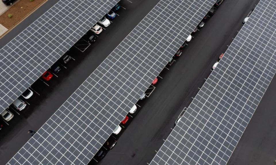 Solar panels above parking spaces at the QCells solar panel manufacturing plant in Dalton, Georgia.