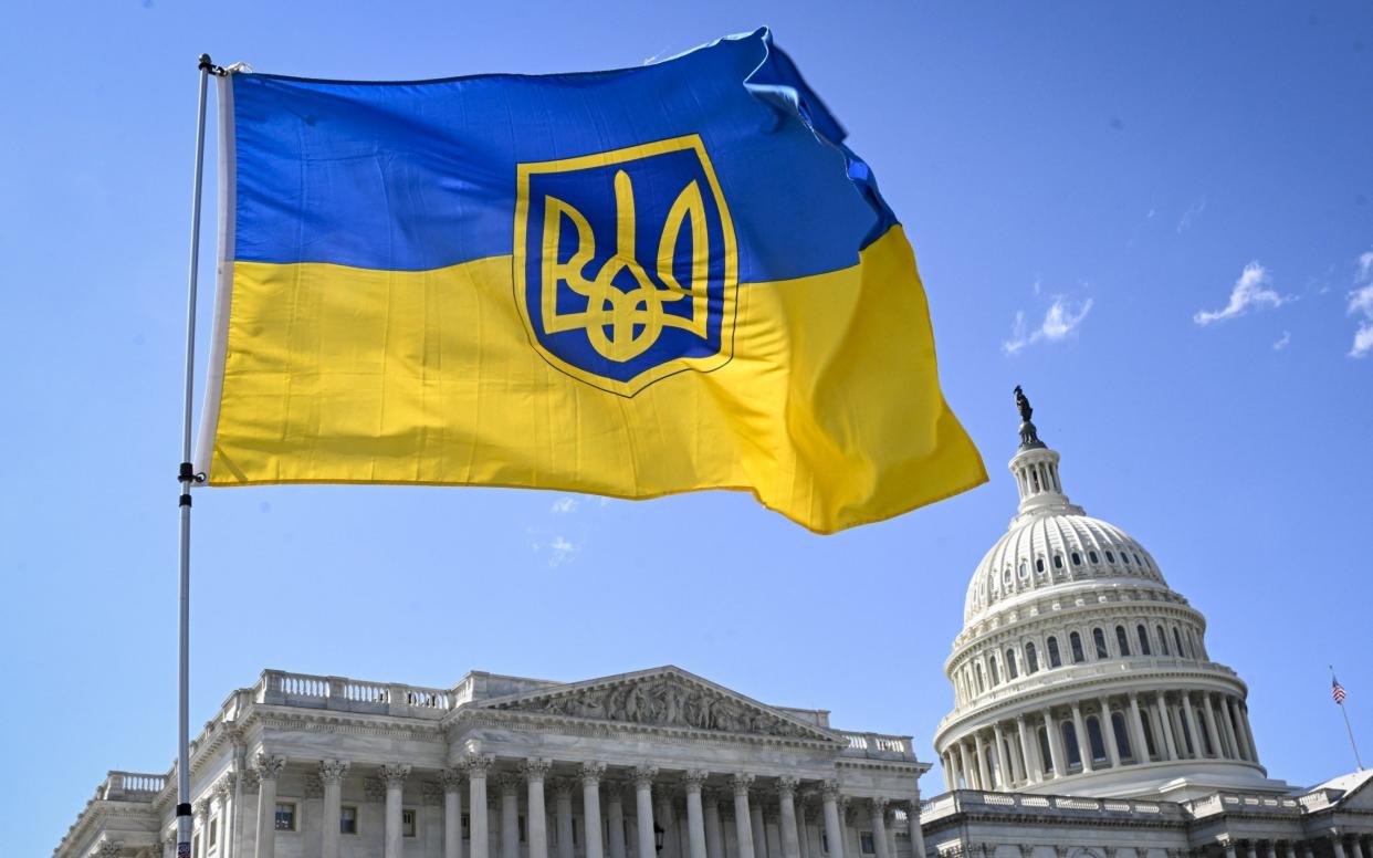 Supporters of Ukraine celebrate after House of Representatives passed bills, including aid to Ukraine and Israel, on Capitol Hill in Washington DC, United States on April 20, 2024