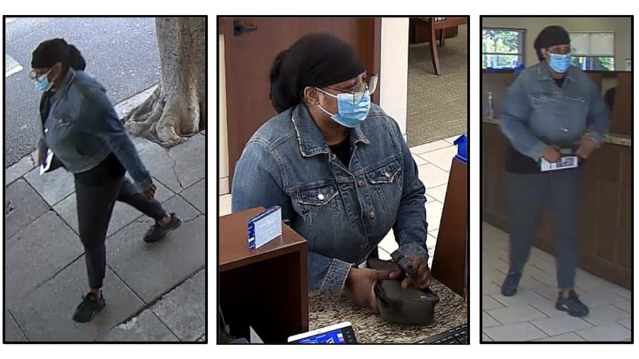 Photos shared by the FBI show the suspect of a September 2022 bank robbery in Santa Monica. Police have identified the suspect as Yolanda Caldwell of Los Angeles. (FBI Los Angeles)