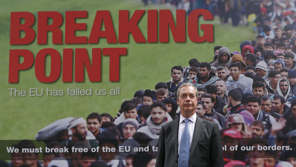 UK Independence Party Leader (UKIP) Nigel Farage poses during the launch of a national poster campaign urging voters to vote to leave the EU ahead of the EU referendum, in London on June 16, 2016. - Britain goes to the polls in a week on June 23 to vote in a referendum on whether to remain in or leave the European Union. (Photo by Daniel LEAL / AFP) (Photo by DANIEL LEAL/AFP via Getty Images)