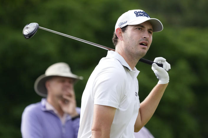 Patrick Cantlay watches his shot on the third hole during the first round of the U.S. Open golf tournament at The Country Club, Thursday, June 16, 2022, in Brookline, Mass. (AP Photo/Charles Krupa)