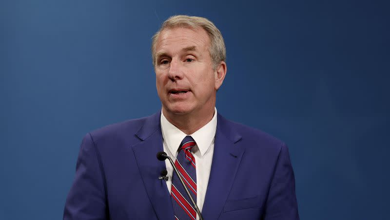 Chris Herrod, GOP primary candidate in Utah’s 3rd Congressional District, talks during a GOP primary debate in Salt Lake City on June 1, 2022. Herrod announced Monday that he will enter the 3rd District race to replace Rep. John Curtis if Curtis runs for Senate.