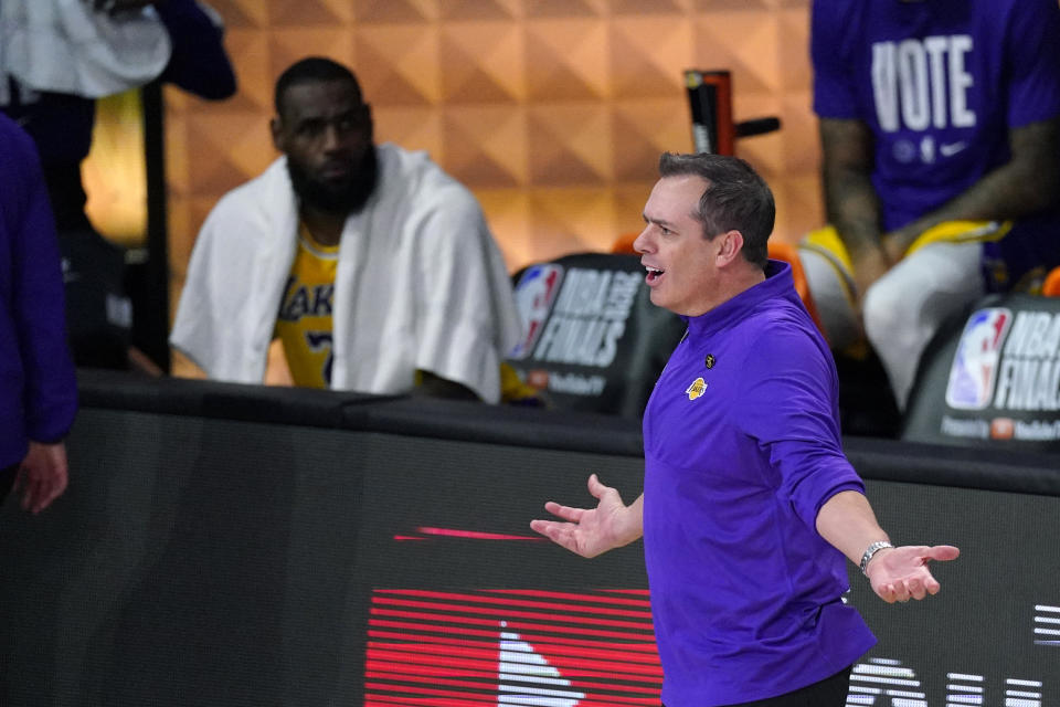 Los Angeles Lakers head coach Frank Vogel argues a call during the first half of Game 1 of basketball's NBA Finals Wednesday, Sept. 30, 2020, in Lake Buena Vista, Fla. (AP Photo/Mark J. Terrill)