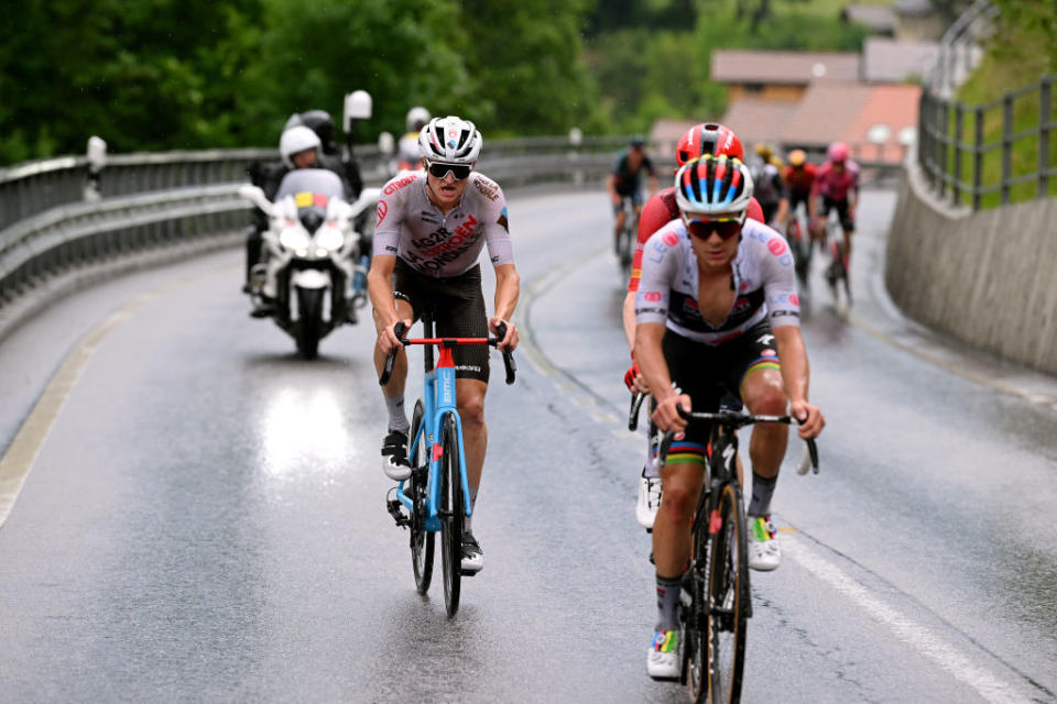 VILLARSSUROLLON SWITZERLAND  JUNE 13 Felix Gall of Austria and Ag2R Citron Team competes in the breakaway during the 86th Tour de Suisse 2023 Stage 3 a 1438km stage from Tafers to VillarssurOllon 1256m  UCIWT  on June 13 2023 in VillarssurOllon Switzerland Photo by Dario BelingheriGetty Images