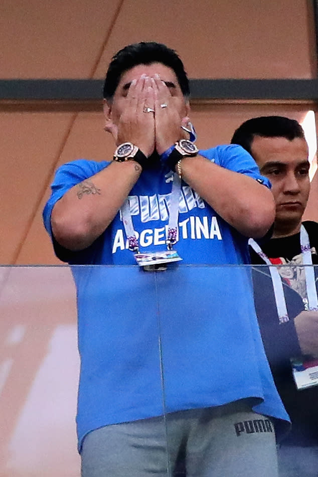 <p>Former Argentina player Diego Maradona looks on before the 2018 FIFA World Cup Russia group D match between Argentina and Croatia at Nizhny Novgorod Stadium on June 21, 2018 in Nizhny Novgorod, Russia. (Photo by Chris Brunskill/Fantasista/Getty Images) </p>