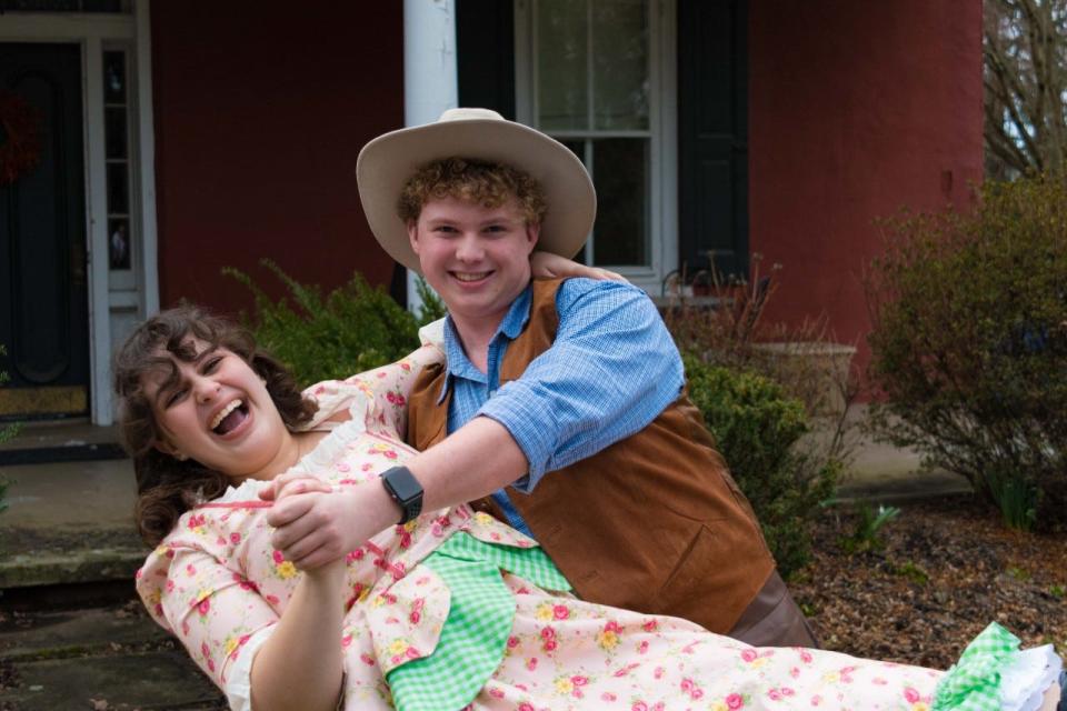 ri Gelb stared as Ado Annie and Dennis Hancock played Will Parker in the Central Bucks East's Patriot Players' production of "Oklahoma'  at the high school in the spring, marking the 80th anniversary of the opening of the musical on Broadway. They appear at Highland Farm in Doylestown Township where Oscar Hammerstein II wrote the lyrics for the show.
(Credit: PHOTO PROVIDED / JOEL C. NACE)