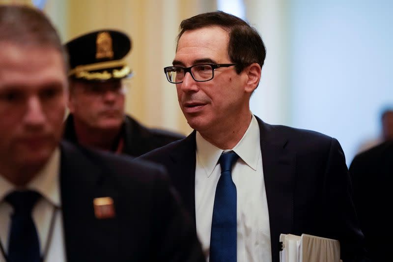 U.S. Secretary of the Treasury Mnuchin walks from a meeting for a coronavirus relief package in Washington