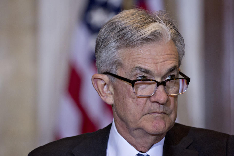 Jerome Powell, chairman of the U.S. Federal Reserve, listens during a Financial Stability Oversight Council (FSOC) meeting at the U.S. Treasury in Washington, D.C., U.S., on Wednesday, March 6, 2019. Treasury Secretary Steven Mnuchin this week invoked special accounting measures through June 5 to continue paying the U.S. governments bills without breaching the legal debt ceiling. Photographer: Andrew Harrer/Bloomberg via Getty Images