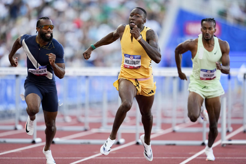 Grant Holloway wins the men's 110-meter hurdles final during the U.S. Track and Field Olympic Team Trials Friday, June 28, 2024, in Eugene, Ore. (AP Photo/George Walker IV)