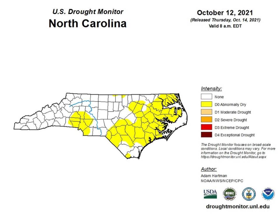 All of Cabarrus, Mecklenburg, Gaston and Lincoln counties are classified as abnormally dry as of Oct. 14 by the U.S. Drought Monitor map. The map is updated every Thursday. Half of Union and Iredell counties also are abnormally dry, according to the map. “Abnormally dry” is the lowest of five drought-intensity levels.