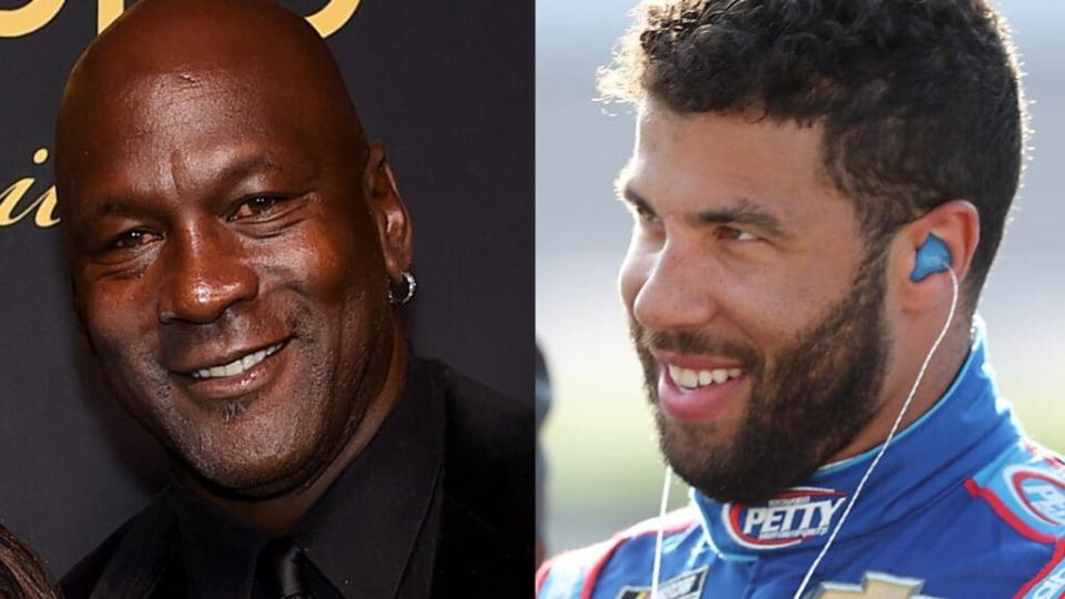 NBA legend Michael Jordan (left) is starting a NASCAR racing team, and its first driver will be NASCAR icon Bubba Wallace (right), its sole Black racer. (Photos by Jamie McCarthy/Getty Images for Cincoro and Jamie Squire/Getty Images)